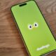 A phone with a green wallpaper with a Duolingo logo drawn on it